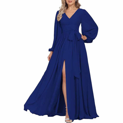Long Chiffon Bridesmaid Dresses A Line V Neck Formal Wedding Guest Dress with Slit