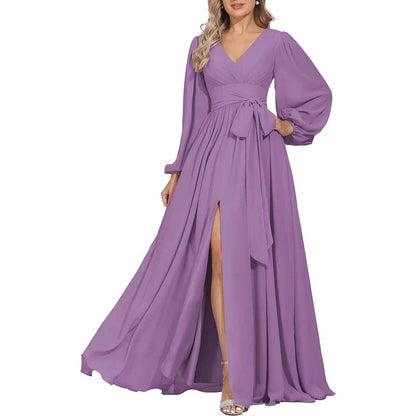 Long Chiffon Bridesmaid Dresses A Line V Neck Formal Wedding Guest Dress with Slit
