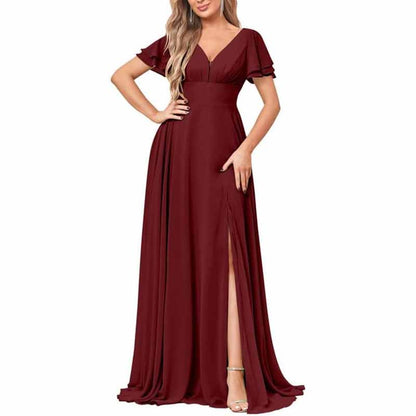 Chiffon Bridesmaid Dresses Long V Neck Formal Evening Gown with Slit