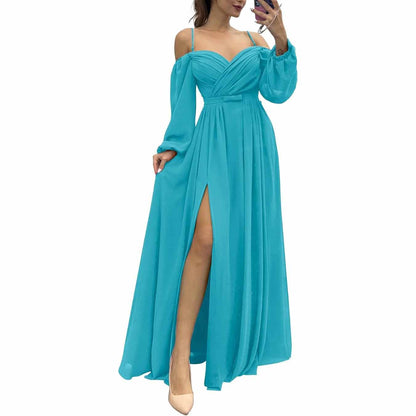 Women's Bridesmaid Dresses Long Sleeves Spaghetti Strap Split Ruched Wedding Guest Dress