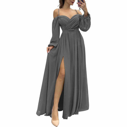 Women's Bridesmaid Dresses Long Sleeves Spaghetti Strap Split Ruched Wedding Guest Dress