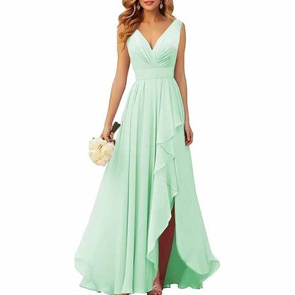 Chiffon Bridesmaid Dresses with Slit Ruffle Pleated Formal Prom Party Dress
