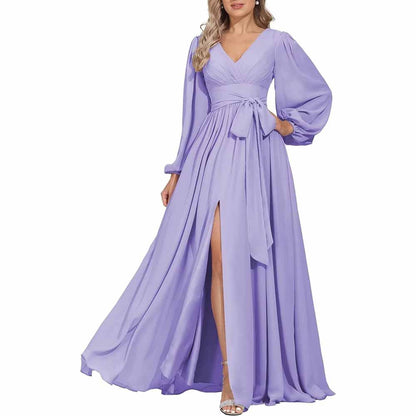 Long Chiffon Bridesmaid Dresses A Line V Neck Formal Wedding Guest Dress with Slit