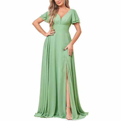 Chiffon Bridesmaid Dresses Long V Neck Formal Evening Gown with Slit