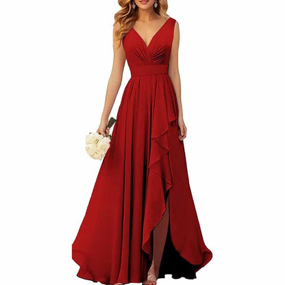 Chiffon Bridesmaid Dresses with Slit Ruffle Pleated Formal Prom Party Dress