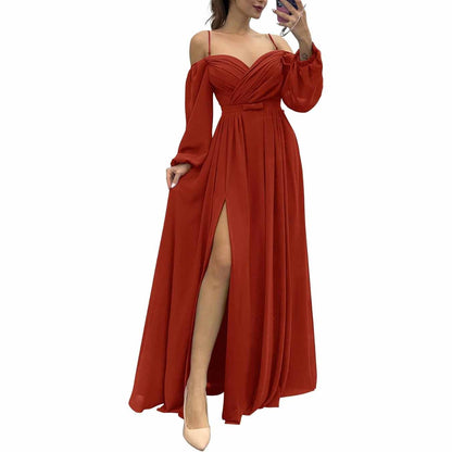 Women's Bridesmaid Dresses Long Sleeves Spaghetti Strap Split Ruched Wedding Guest Dress