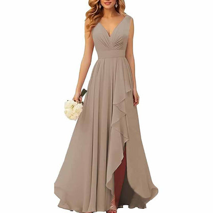 Chiffon Bridesmaid Dresses with Slit Ruffle Pleated Formal Prom Party Dress