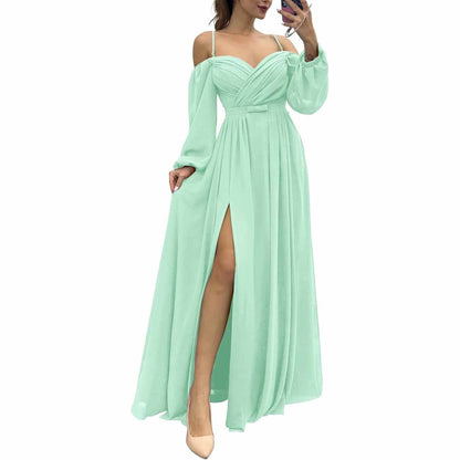 Women's Bridesmaid Dresses Long Sleeves Spaghetti Strap Split Ruched Wedding Guest Dress