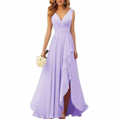 Chiffon Bridesmaid Dresses with Slit Ruffle Pleated Formal Prom Party Dress