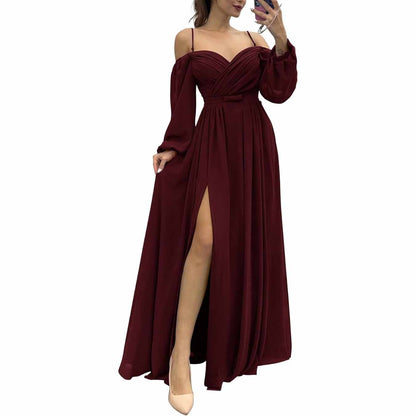 Women's Bridesmaid Dresses Long Sleeves Spaghetti Strap Split Ruched Wedding Guest Dress