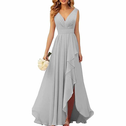 Chiffon Bridesmaid Dresses with Slit Ruffle Pleated Formal Prom Party Dress
