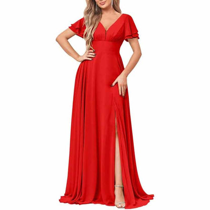 Chiffon Bridesmaid Dresses Long V Neck Formal Evening Gown with Slit