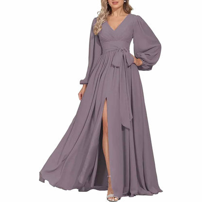 Long Chiffon Bridesmaid Dresses A Line V Neck Formal Wedding Guest Dress with Slit
