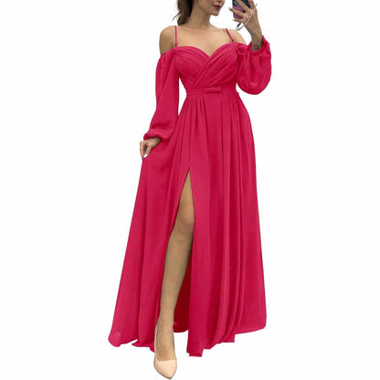 Women's Bridesmaid Dresses Long Sleeves Spaghetti Strap Split Ruched Wedding Guest Dress