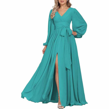 Long Chiffon Bridesmaid Dresses A Line V Neck Formal Wedding Guest Dress with Slit