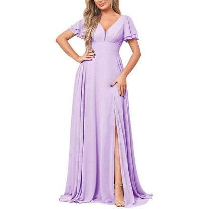 Chiffon Bridesmaid Dresses Long V Neck Formal Evening Gown with Slit