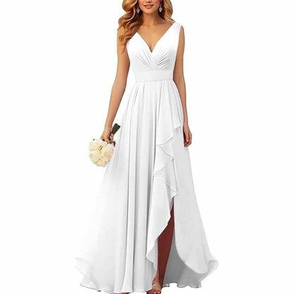 Chiffon Bridesmaid Dresses with Slit Ruffle Pleated Formal Prom Party Dress