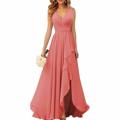 Chiffon Bridesmaid Dresses with Slit Ruffle Pleated Formal Prom Party Dress