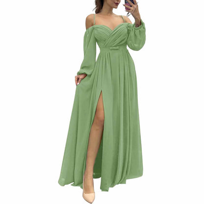 Women's Bridesmaid Dresses Long Sleeves Spaghetti Strap Split Ruched Wedding Guest Dress