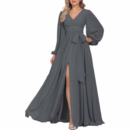 Long Chiffon Bridesmaid Dresses A Line V Neck Formal Wedding Guest Dress with Slit