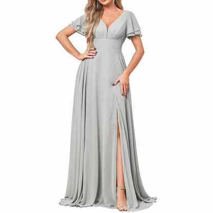 Chiffon Bridesmaid Dresses Long V Neck Formal Evening Gown with Slit