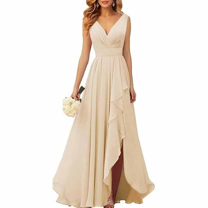Chiffon Bridesmaid Dresses with Slit Ruffle Pleated Formal Prom Party Dress