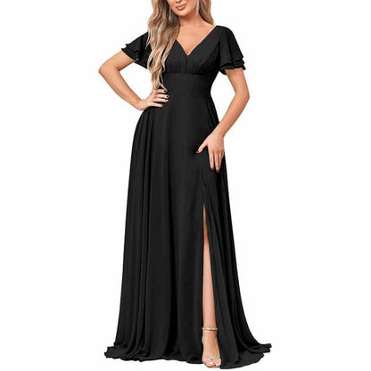 Chiffon Bridesmaid Dresses Long V Neck Formal Evening Gown with Slit