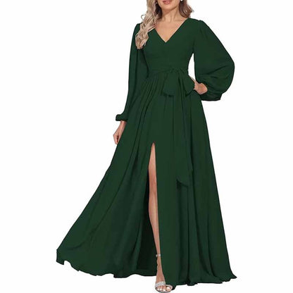 Long Chiffon Bridesmaid Dresses A Line V Neck Formal Wedding Guest Dress with Slit