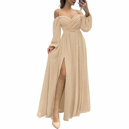 Women's Bridesmaid Dresses Long Sleeves Spaghetti Strap Split Ruched Wedding Guest Dress