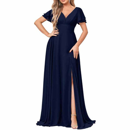 Chiffon Bridesmaid Dresses Long V Neck Formal Evening Gown with Slit