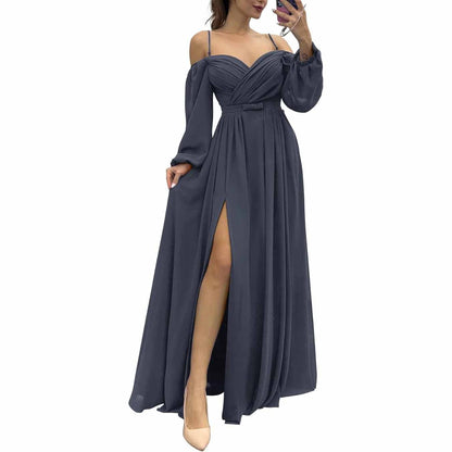 Women's Bridesmaid Dresses Long Sleeves Spaghetti Strap Split Ruched Wedding Guest Dress