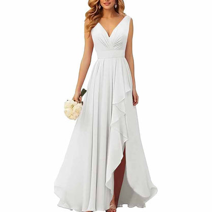 Chiffon Bridesmaid Dresses with Slit Ruffle Pleated Formal Prom Party Dress