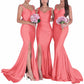 Mermaid Bridesmaid Dresses Long Split Satin Formal Gowns Ruched Spaghetti Straps V-Neck Prom Dress