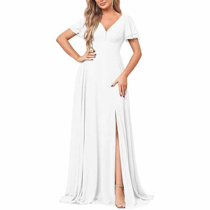 Chiffon Bridesmaid Dresses Long V Neck Formal Evening Gown with Slit