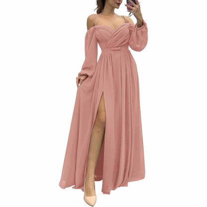 Women's Bridesmaid Dresses Long Sleeves Spaghetti Strap Split Ruched Wedding Guest Dress