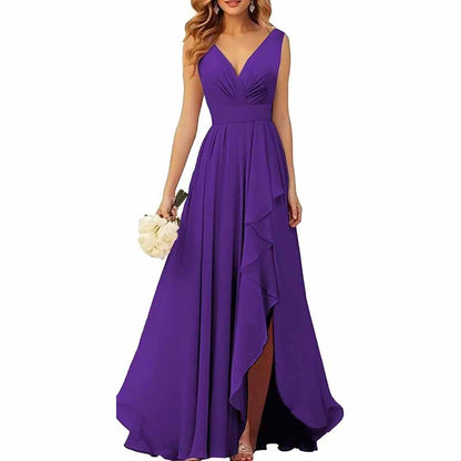 Chiffon Bridesmaid Dresses with Slit Ruffle Pleated Formal Prom Party Dress