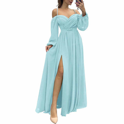 Women's Bridesmaid Dresses Long Sleeves Spaghetti Strap Split Ruched Wedding Guest Dress