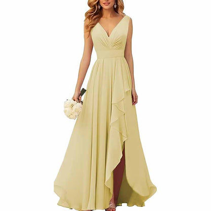 Chiffon Bridesmaid Dresses with Slit Ruffle Pleated Formal Prom Party Dress