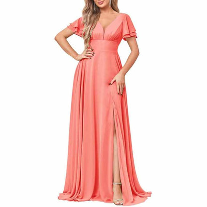 Chiffon Bridesmaid Dresses Long V Neck Formal Evening Gown with Slit