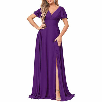 Chiffon Bridesmaid Dresses Long V Neck Formal Evening Gown with Slit