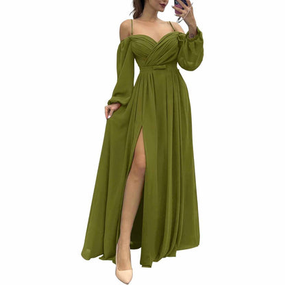 Women's Bridesmaid Dresses Long Sleeves Spaghetti Strap Split Ruched Wedding Guest Dress