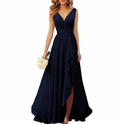 Chiffon Bridesmaid Dresses with Slit Ruffle Pleated Formal Prom Party Dress