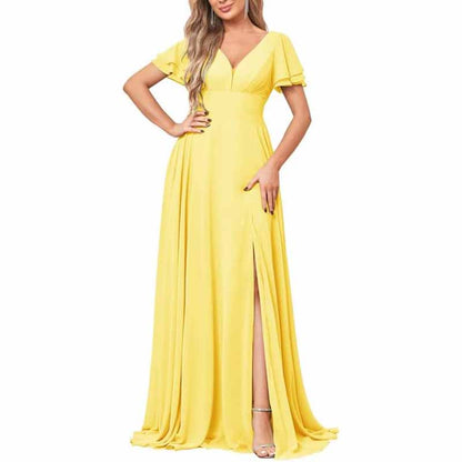Chiffon Bridesmaid Dresses Long V Neck Formal Evening Gown with Slit