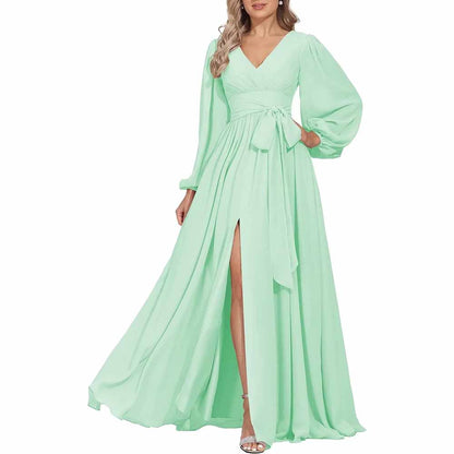 Long Chiffon Bridesmaid Dresses A Line V Neck Formal Wedding Guest Dress with Slit