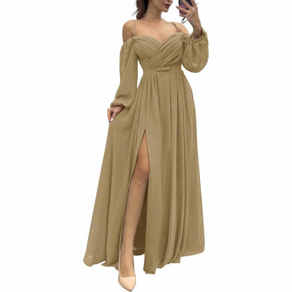 Women's Bridesmaid Dresses Long Sleeves Spaghetti Strap Split Ruched Wedding Guest Dress