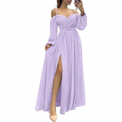 Women's Bridesmaid Dresses Long Sleeves Spaghetti Strap Split Ruched Wedding Guest Dress