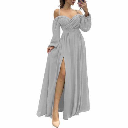 Women's Bridesmaid Dresses Long Sleeves Spaghetti Strap Split Ruched Wedding Guest Dress