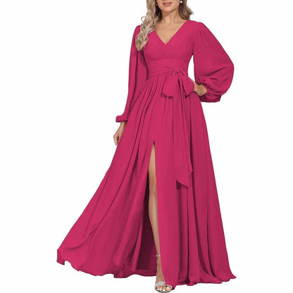 Long Chiffon Bridesmaid Dresses A Line V Neck Formal Wedding Guest Dress with Slit