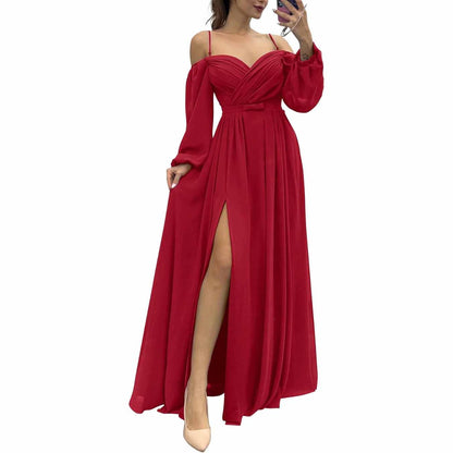 Women's Bridesmaid Dresses Long Sleeves Spaghetti Strap Split Ruched Wedding Guest Dress