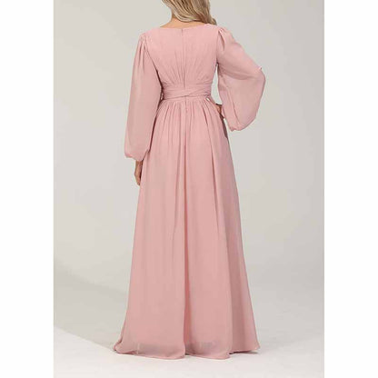 Long Chiffon Bridesmaid Dresses A Line V Neck Formal Wedding Guest Dress with Slit